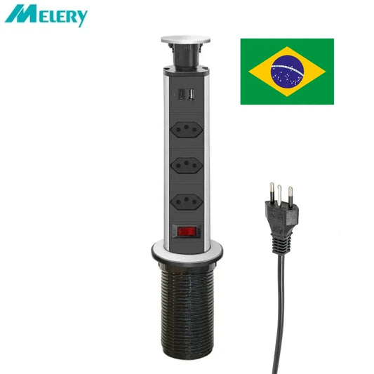 Melery Brazil Power Strip Pop Up Brazilian Plug Desktop Socket Electric Outlets Home Office USB Type-C Charger Extenstion Cord