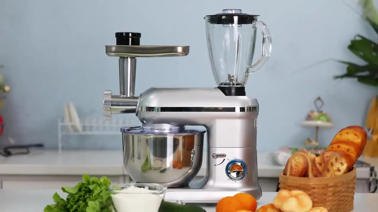 5-in-1 Multifunction Electric Stand Mixer with Stainless Steel Mixing Bowl 6-Speed Blender & Meat Grinder-Kitchen Appliance