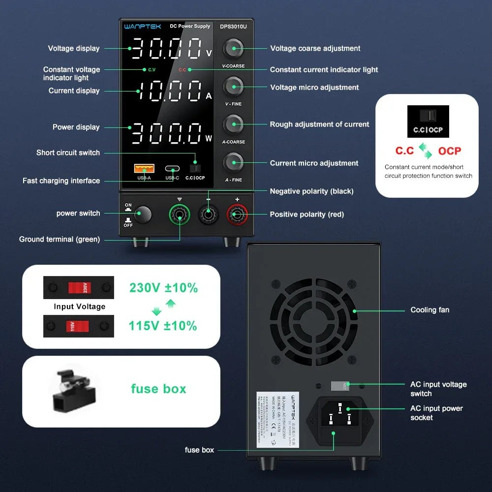 Wanptek DC Laboratory Power Supply 30V 10A 60V 5A 120V 3A Adjustable Voltage Current Applicable voltage 110V 220V Power Supply