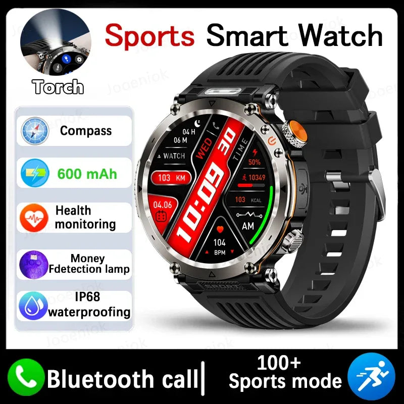 2026 New Outdoor Sports Smartwatch Men Compass 600mAh LED Flashlight Bluetooth Call 3ATM Waterproof Smartwatch For Android iOS