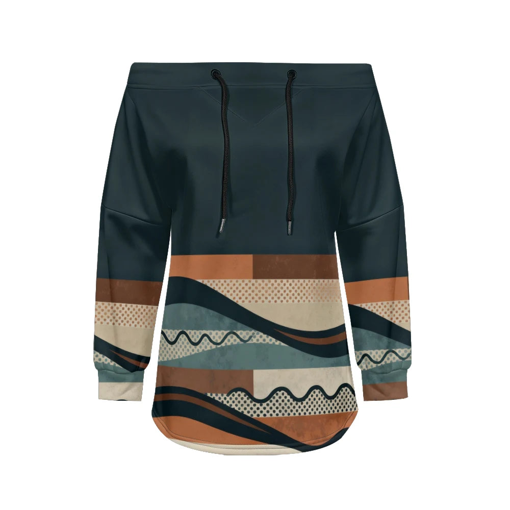 Trendy Off-Shoulder Sweatshirts with Striped & Polka Dot Patterns Drawstring Casual Loose-Fit Top for Women Casual Streetwear