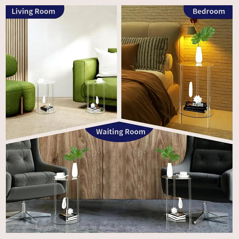 Table d'appoint ronde moderne en acrylique, idéale pour les petits espaces. Petite table d'appoint ronde transparente pour la décoration du salon et de la chambre.