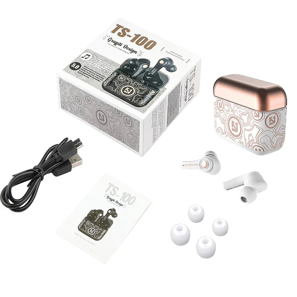 Wireless Headphones Mini Bass Earbuds Waterproof Graffiti Bluetooth-compatible 5 0 Sports Earphones  White
