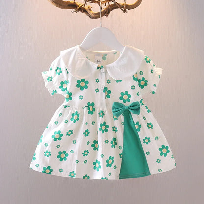 Summer New Style Baby Girls Dress Short Sleeve Flower Fake Two-Piece Shoulder Strap Dress Cute Princess Wedding Party Costume