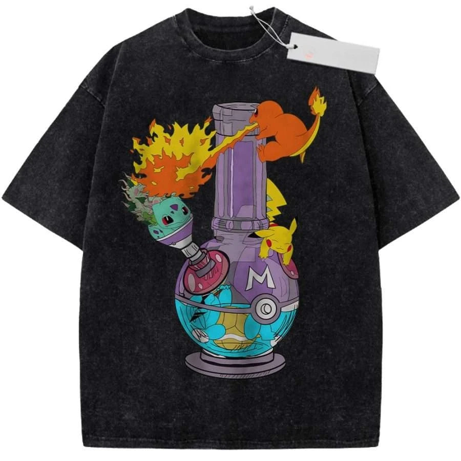 T Shirt Sports T Shirt Short Sleeve T Shirt Rose Red Unisex Pure Cotton Washed Vintage Pokemon Bulbasaur Pikachu Charmander