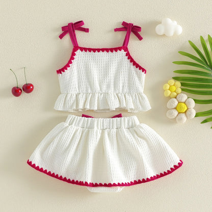 Sweet Baby Girl Summer Outfit Contrast Trim Ruffled Hem Cami Tops Cherry Applique Bow Skorts 2 Piece Girls Set
