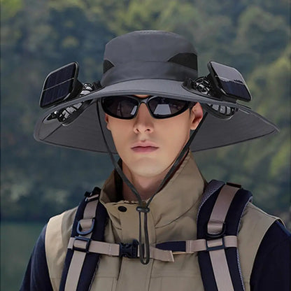 Solar Fan Hat for Men Women, Wide Brim Sun Protection Hat with Dual Solar Fans, 2-in-1 Hands-Free Cooling Cap for Hiking & Work