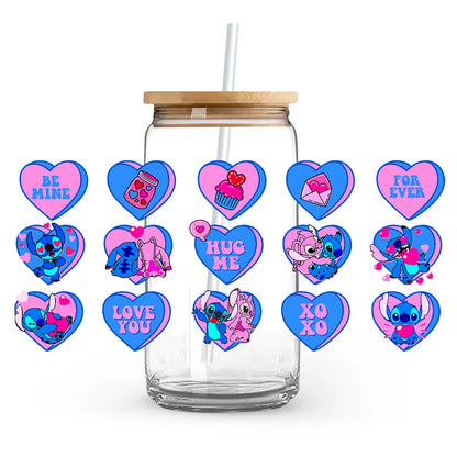 Valentine's Day cartoon Mickey Minnie Stitch Love 16oz Glass Cup UV DTF Transfer Film High-Quality Wraps Transfer Decals