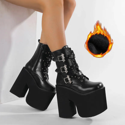 Gdgydh Lace up Chunky Heel Mid Calf Booties for Women Block High Heel Platform Combat Boots Gothic Metal Bat Gothic Shoes