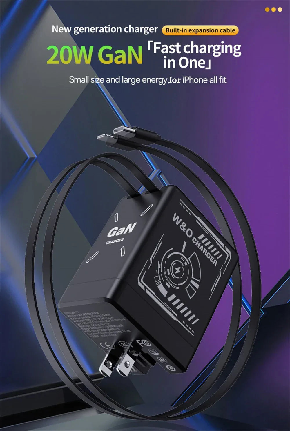 Multi Functional Folding Adapter Charging Protection GaN 20W PD3.0 Fast Charger With Retractable Type-C Cable Portable General