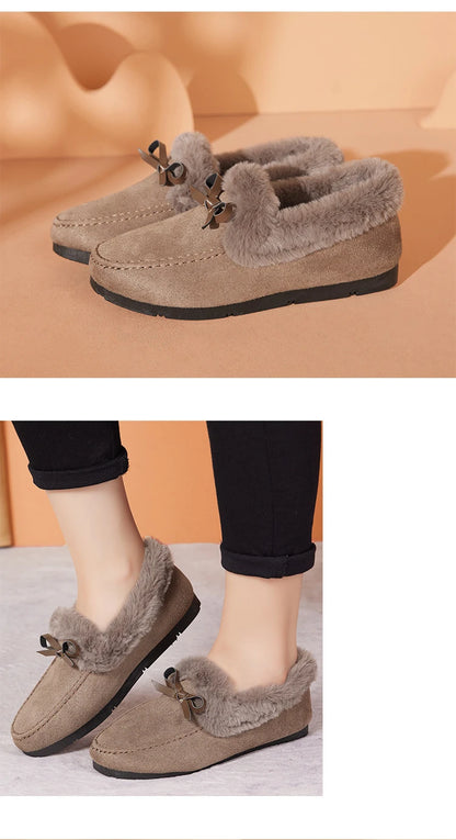 Women Winter Casual Shoes New Moccasins Soft Flat Non-slip Loafers Fashion Comfort Warm Plush Bow Slip on Female Cotton Shoes