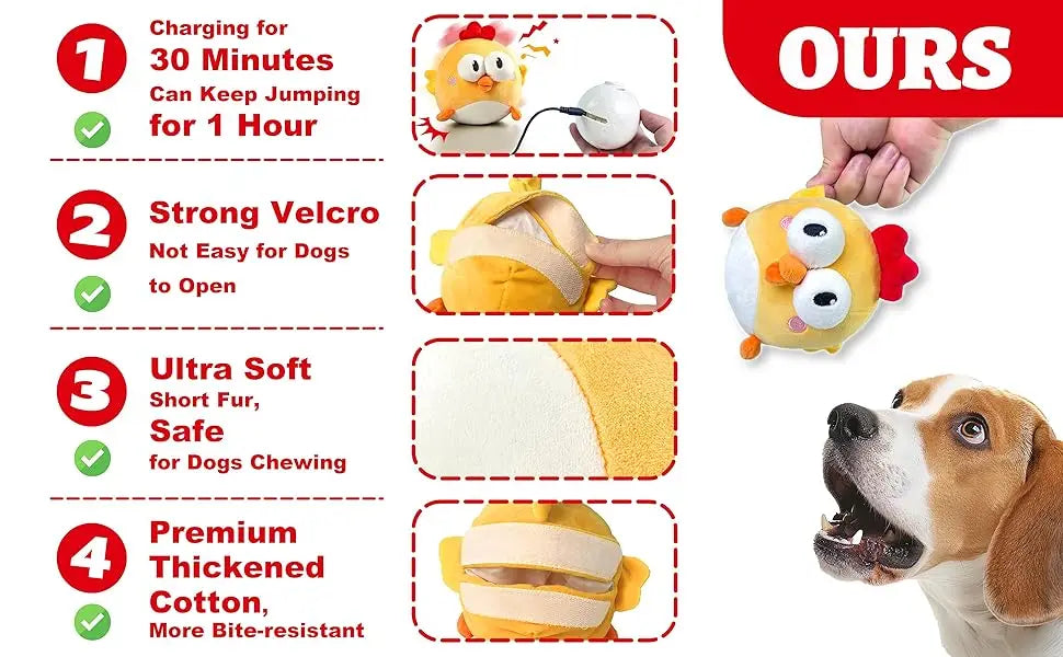 Interactive Dog Toy, Squeaky Moving Ball Toy with Jumping & Music Modes, Rechargeable Plush Chew Cute Pet Cat Dog Toys