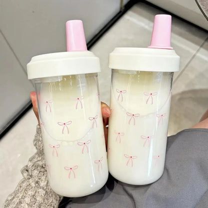 Cute Pink Bow Straw Water Bottle Fashionable Travel Safe Odorless Large-capacity Portable Water Bottle For Travel