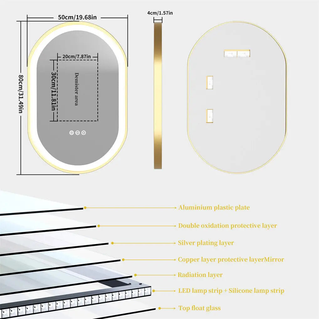 LED Bathroom Mirror Oval Illuminated Wall Mirror Aluminum Gold Frame Memory Anti-fog 3 Changeable Color, IP56 800/1000/1200MM