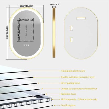 LED Bathroom Mirror Oval Illuminated Wall Mirror Aluminum Gold Frame Memory Anti-fog 3 Changeable Color, IP56 800/1000/1200MM