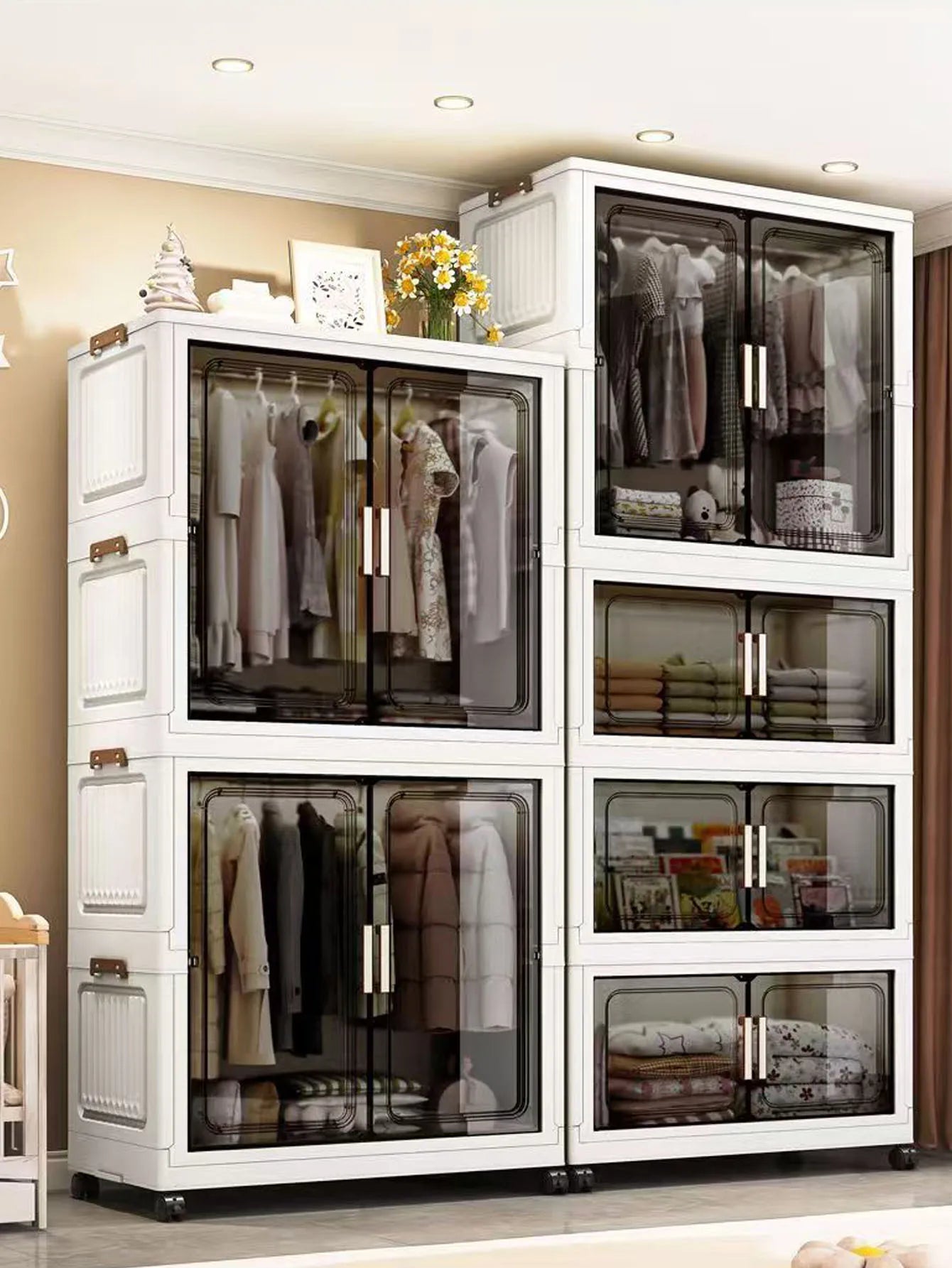 Multi-Functional Folding Storage Cabinet with Doors for Home Office Kitchen Bathroom Organizer White Black Gray