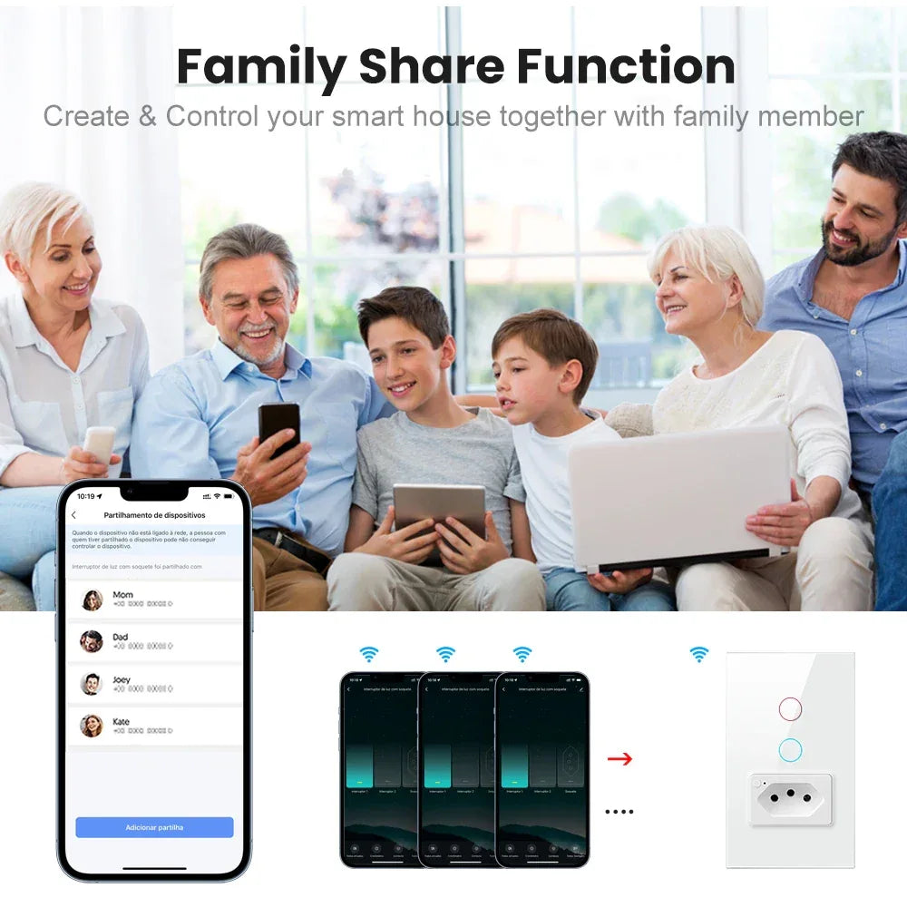 AVATTO Tuya WiFi Smart Light Switch with Socket,Brazil Stand 16A Touch Button Wall Switch,Work for Alexa Google Home
