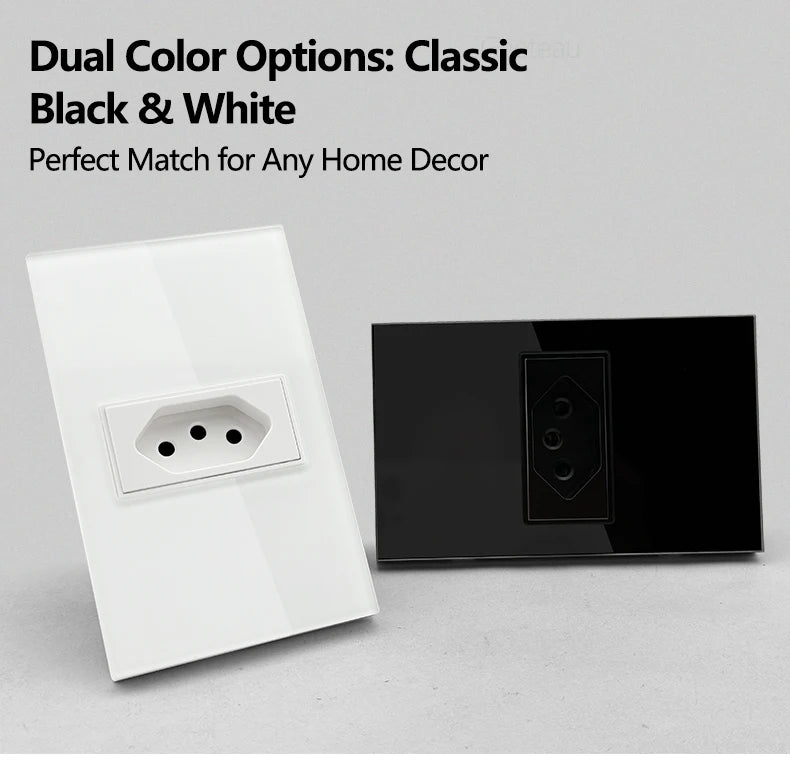 Geeteau Black White Glass Panel Single Brazil Wall Socket 10A Full paddle  Standard Home Safe Stable Household Power Plug