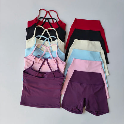 2PCS Gym Fitness Medium-intensity Sports Vest Beauty Back Yoga Suit Sports Bra Women Pilates Bra High Waist Hip Lift Shorts Set