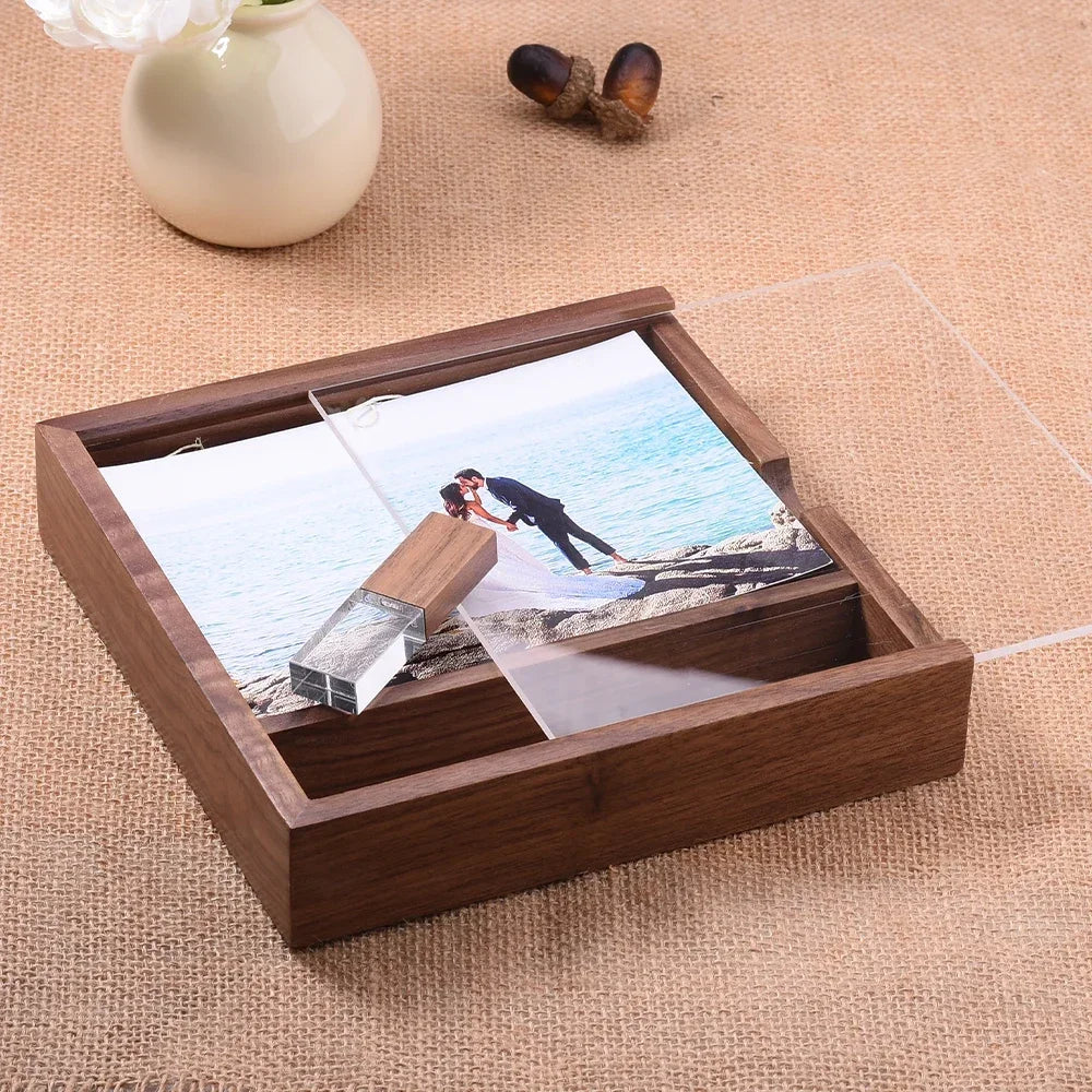 Walnut Album Box USB Flash Drives 128GB Photography Studio Memory Stick 64GB Free Custom Logo Pen Drive 32GB 16GB Wedding Gift