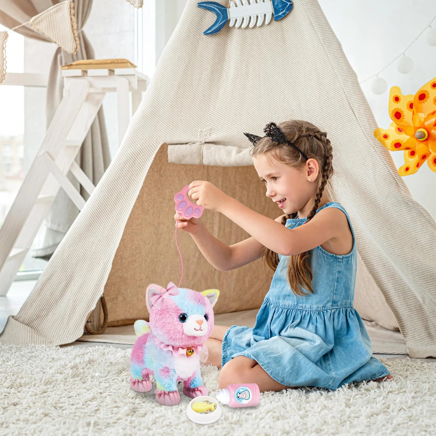Interactive Walking Toy Cat for Kids Touch & Voice Controlled with Remote Leash And Waggling Tail Ideal Birthday Or Gift