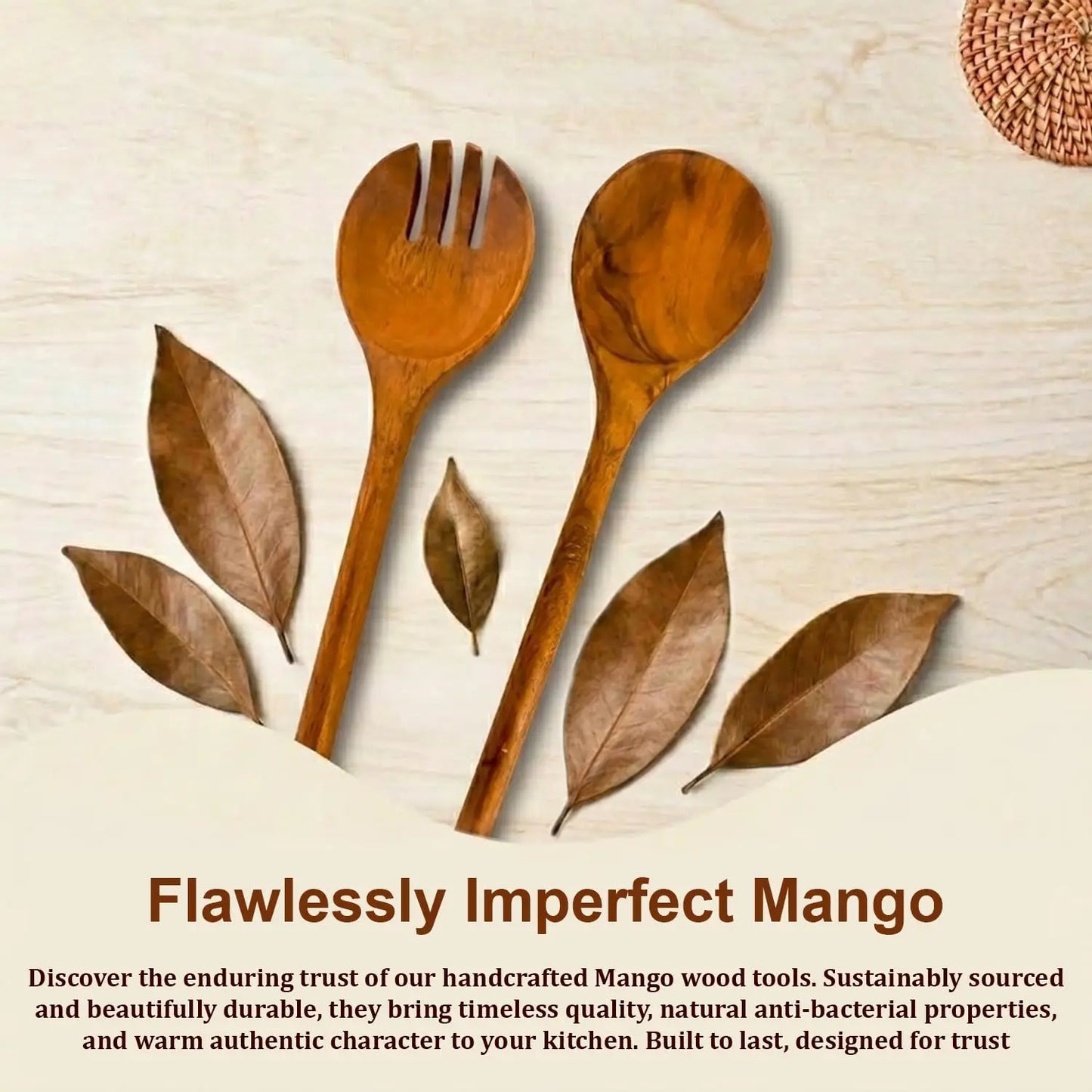 Wooden Serving Spoon Set of 2 Long Handle Eco-Friendly Minimalist Design Acacia Wood Kitchen Utensils