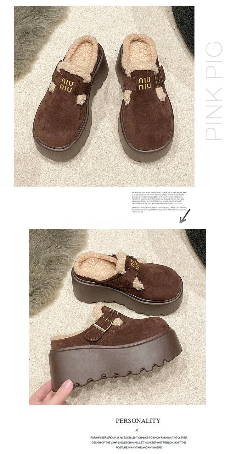 Platform High Heels Slippers Women Suede Mules Shoes Fur Warm Wedges Flip Flops 2025 Winter New Snow Boots Fashion Zapatos Mujer
