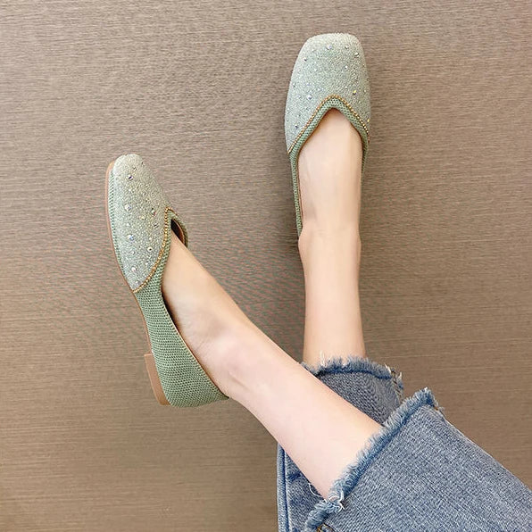 Shoes for Woman 2025 Diamond Flats Women's Summer Footwear Flat Square Toe Pink with Crystals Rhinestone Office 39 Beau Today E