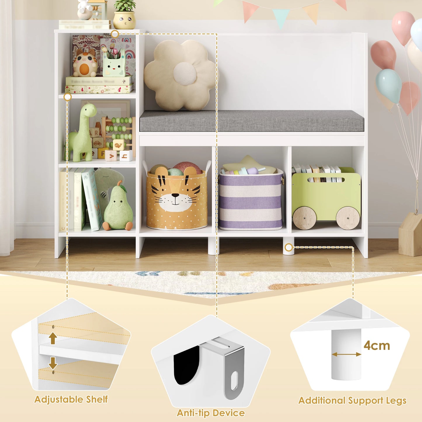 Child Rack 110 cm toys Shelf CHILDREN'S room with Pillow and 6 Shelves Child Seat Bench toys storage for Kids