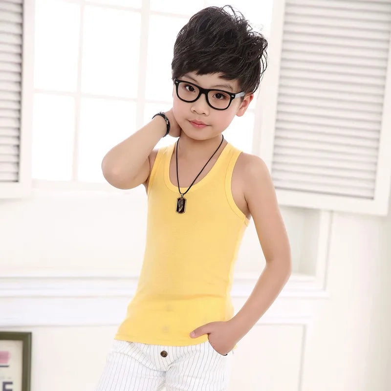 Boys Round Neck Sleeveless Stretch Undershirt Girls Seamless Cotton Wide Strap Racerback Tank Children Kids Vests 2T-14 Years