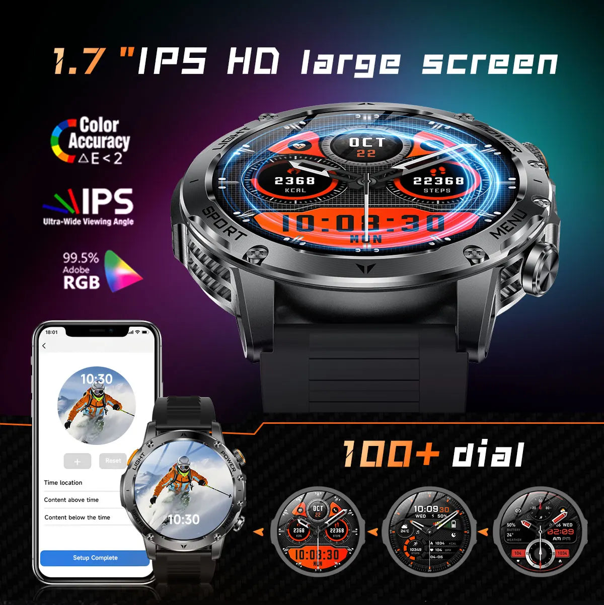 1.7" Large Screen Bluetooth Call Smart Watch Men‘s Sports Outdoor Flashlight 1000mAh Health Monitor Smartwatch for Man Male IP6