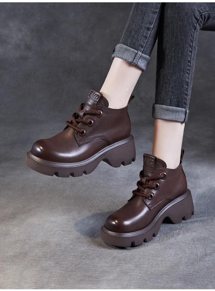 DRKANOL Luxury Design Genuine Leather Ankle Boots For Women Platform Casual Short Boots Women Winter Thick High Heel Warm Shoes