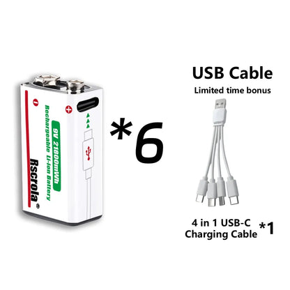 Rechargeable 9V Battery USB-C Charge,21800mWh Long-lasting 9V Li-Ion Battery with Free Cable,for Smoke Alarm,Camera,Clocks,Audio