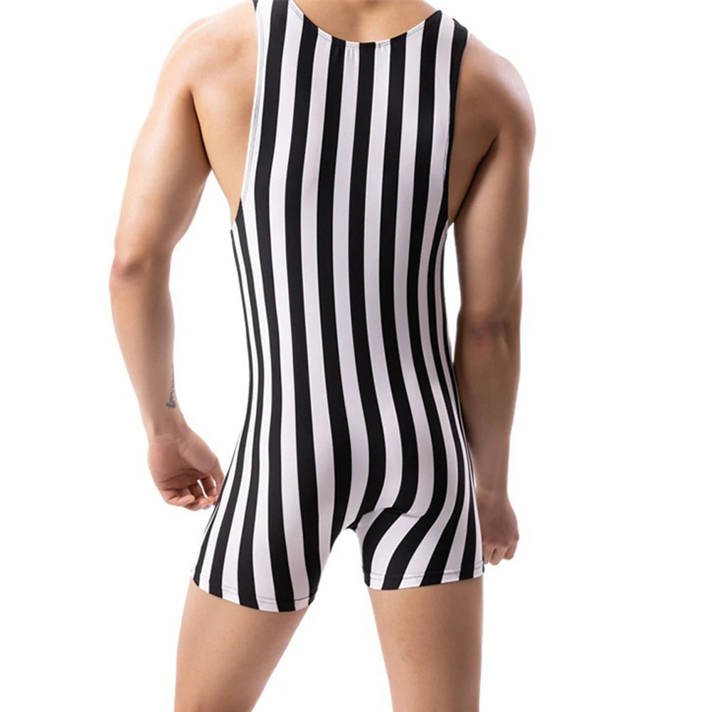 Mens Sexy Vertical Striped Sleeveless Fitness Bodysuit Thin Breathable Boxers Underwear Jumpsuits Sports Tight Pajamas Sleepwear