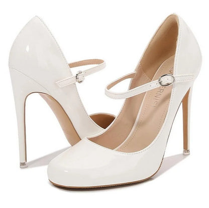 Women Patent Leather High Thin Heel Shoes Ankle Strap Women Pumps for Office Nightclub Party Wedding Cross Dressing Wide Shoes
