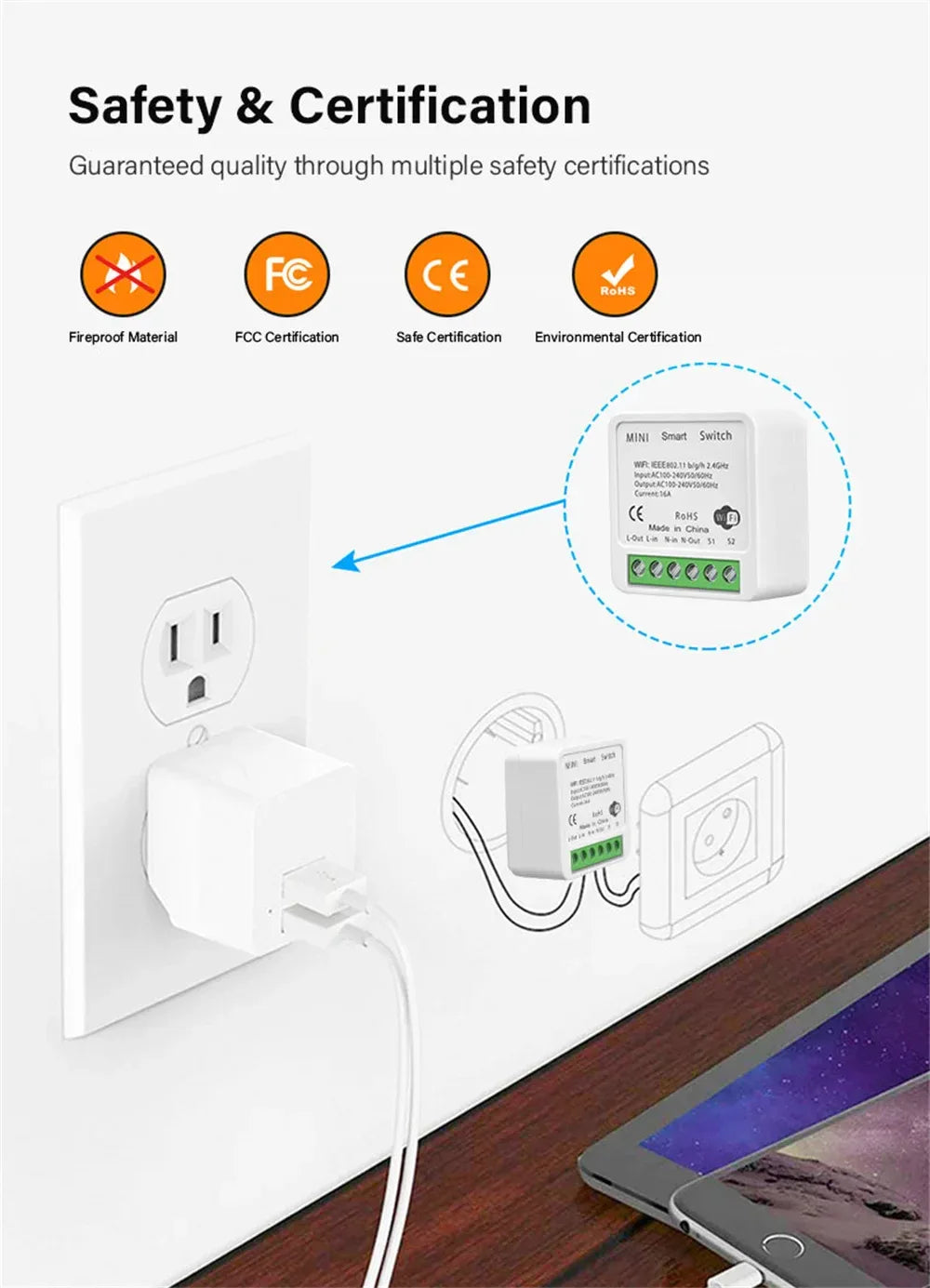 AUBESS Tuya WiFi Smart Switch 16A DIY Breaker Relay Module Smart Home Smart Life App 2 Way Remote Control Via Alexa Google Home