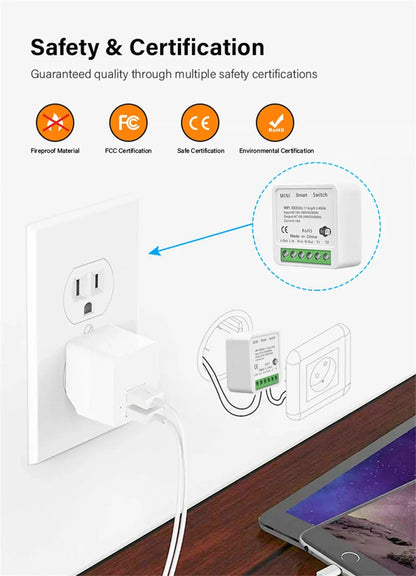 AUBESS Tuya WiFi Smart Switch 16A DIY Breaker Relay Module Smart Home Smart Life App 2 Way Remote Control Via Alexa Google Home