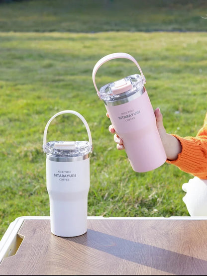 JUSTINLAU 600/900ml Insulated Cups Stainless Steel Double-drinking Thermos Cup with Handle& Straw Sports Bottle Car Ice Tumbler