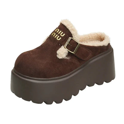 Platform High Heels Slippers Women Suede Mules Shoes Fur Warm Wedges Flip Flops 2025 Winter New Snow Boots Fashion Zapatos Mujer