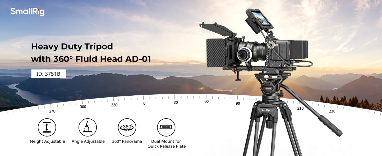 SmallRig Heavy-Duty 360° Fluid Head Tripod AD-01 186cm Video Tripod with Quick Release Plate for DSLR Camera Camcorder