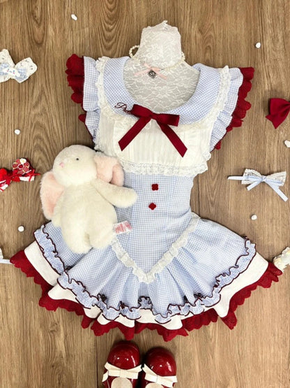 Japanese Sweet Plaid Lace Patchwork Dress Women New Design Slim Lovely Blue Summer Dresses Harajuku Kawaii Fashion Outfit 2025