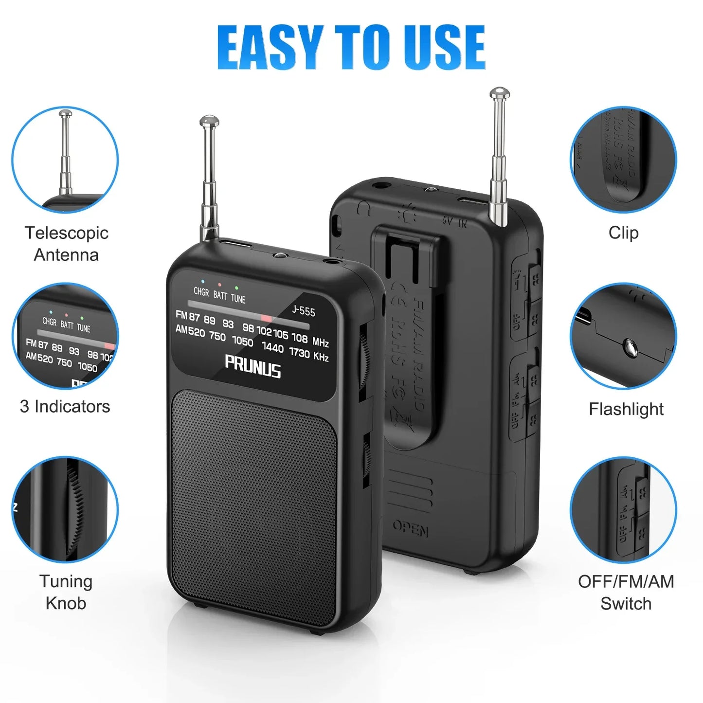 Mini Portable Pocket Radio AM FM AAA USB-C Power 800mAh rechargeable battery Excellent Reception Clear Speaker Headphone Jack
