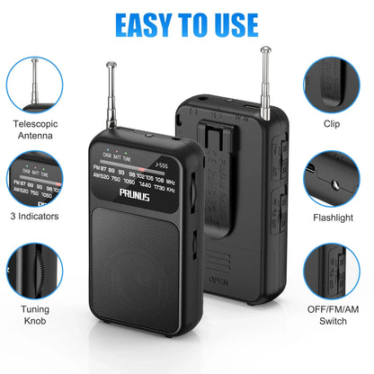 Mini Portable Pocket Radio AM FM AAA USB-C Power 800mAh rechargeable battery Excellent Reception Clear Speaker Headphone Jack