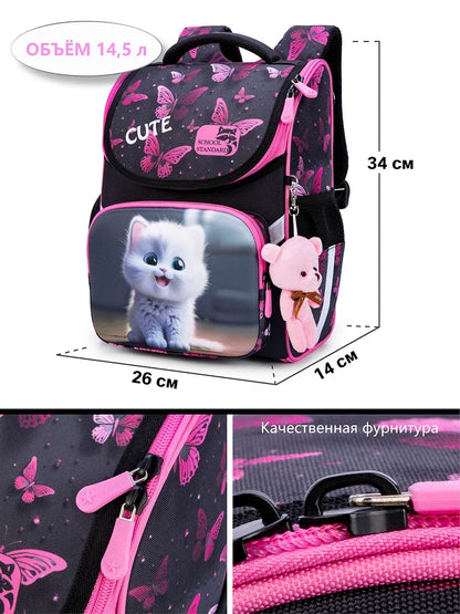 Orthopedic School Backpack For Girls Cartoon Cat Primary School Grade 1 Students Bags Kids Satchels Female Bookbag 7-9 Years