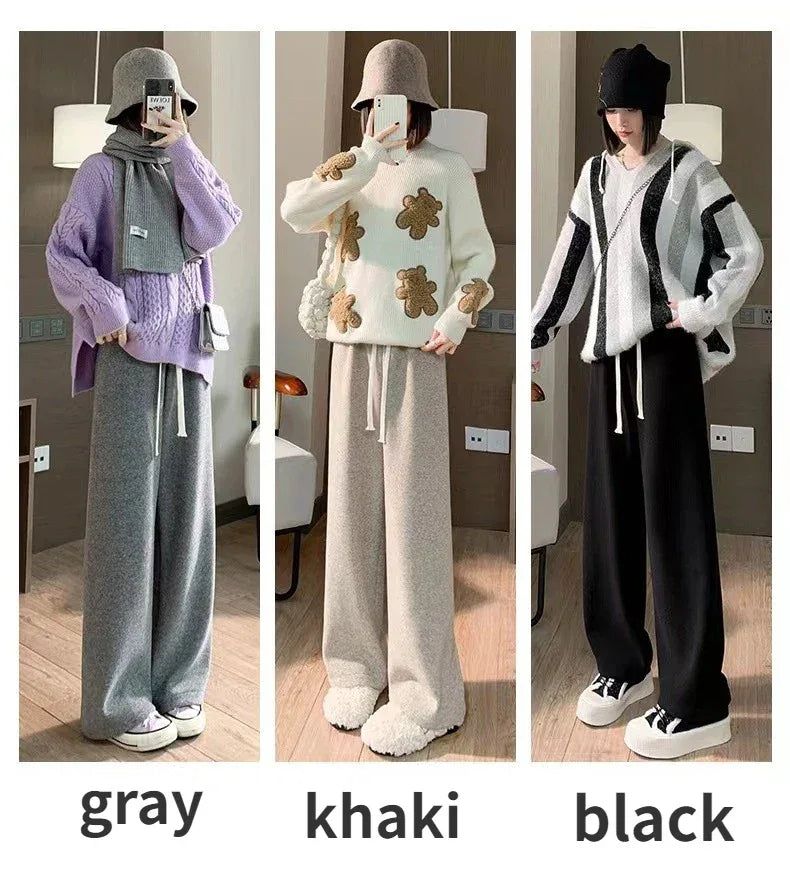 Autumn Winter Plush Pants Women  Soft Straight Tube Flared Pants High Elasticity Waist Casual Fashion Knited Woolen Pants