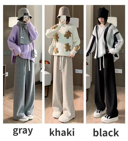 Autumn Winter Plush Pants Women  Soft Straight Tube Flared Pants High Elasticity Waist Casual Fashion Knited Woolen Pants