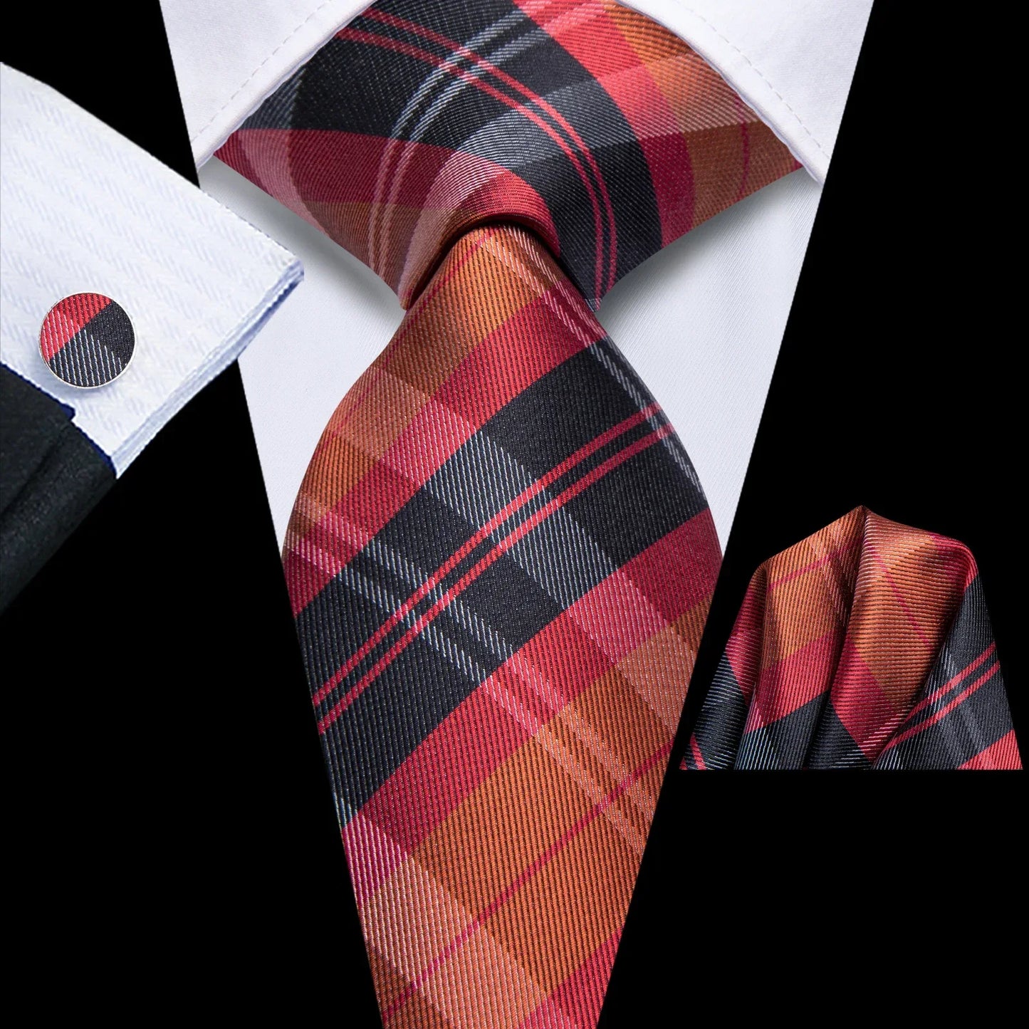 Hi-Tie  Black Red Heart Plaids Mens Fashion Necktie Handkerchief Cufflinks for Tuxedo Classic Tie Man Gift Valentine's Day