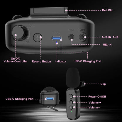 Portable Wireless Voice Amplifier with Lavalier Microphone Rechargeable Clip On Megaphone Speaker for Teacher Tour Guide Outdoor