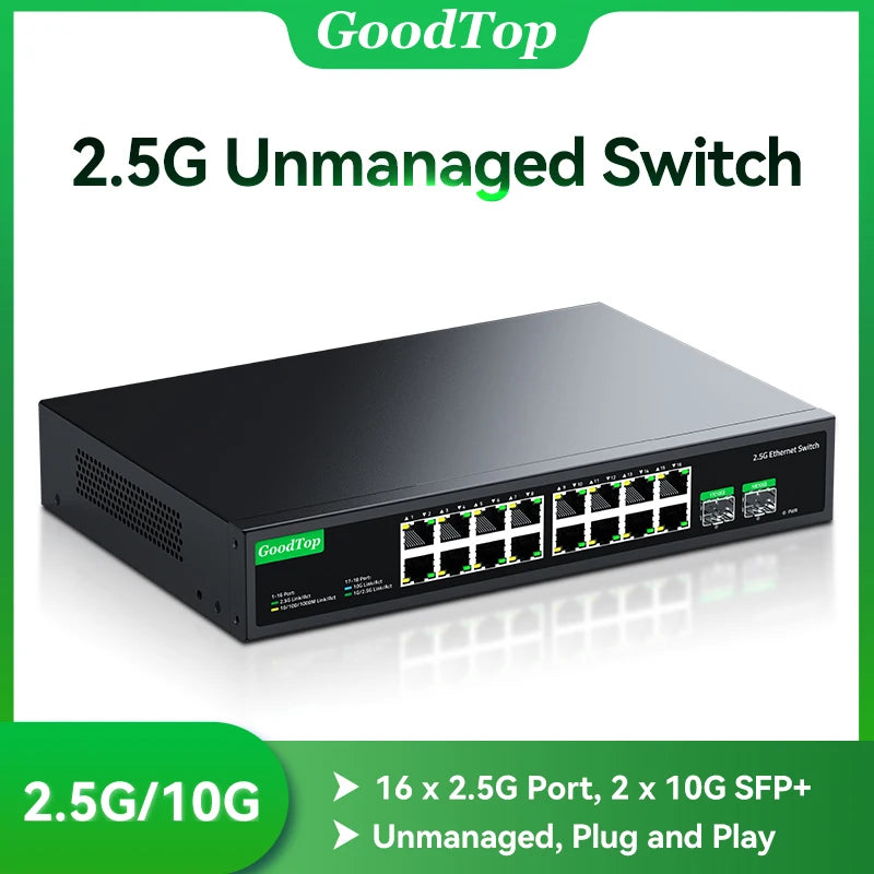 GoodTop 16 Port 2.5G Ethernet Switch with 2 Port 10G SFP+ Network Switch 120G Bandwidth Unmanaged Networking Home Lab Switch