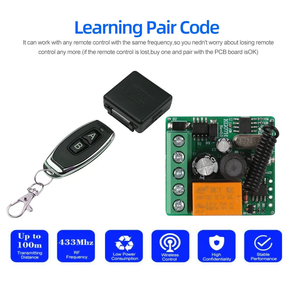 433Mhz RF Remote Control Wireless Switch DC 12V 24V 36V 10A 1CH RF Relay Receiver and 2CH Transmitter Kit For Intelligent Home